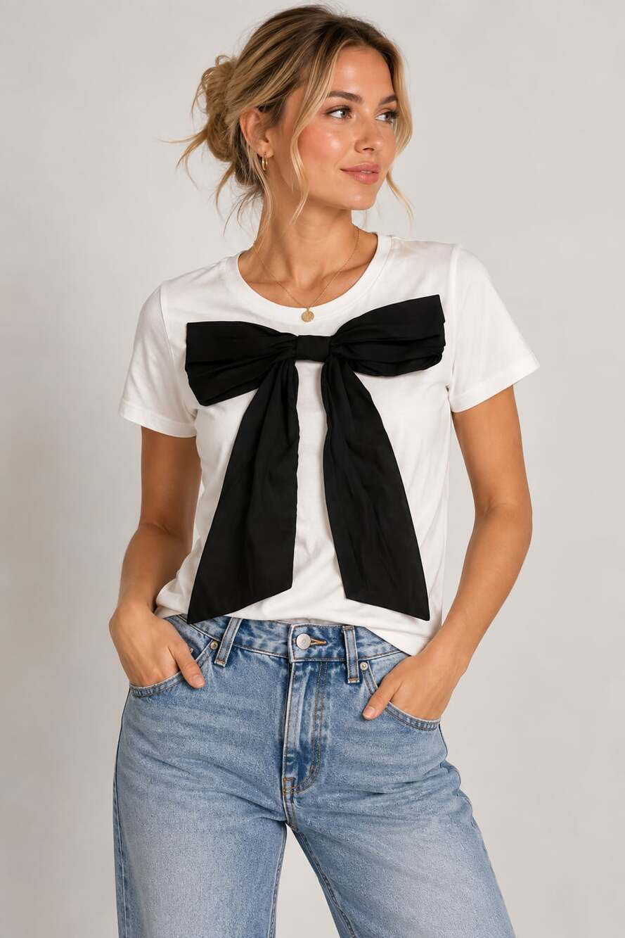 ByErinMagellan T-Shirt Size S White Black Bow Front Graphic Tee